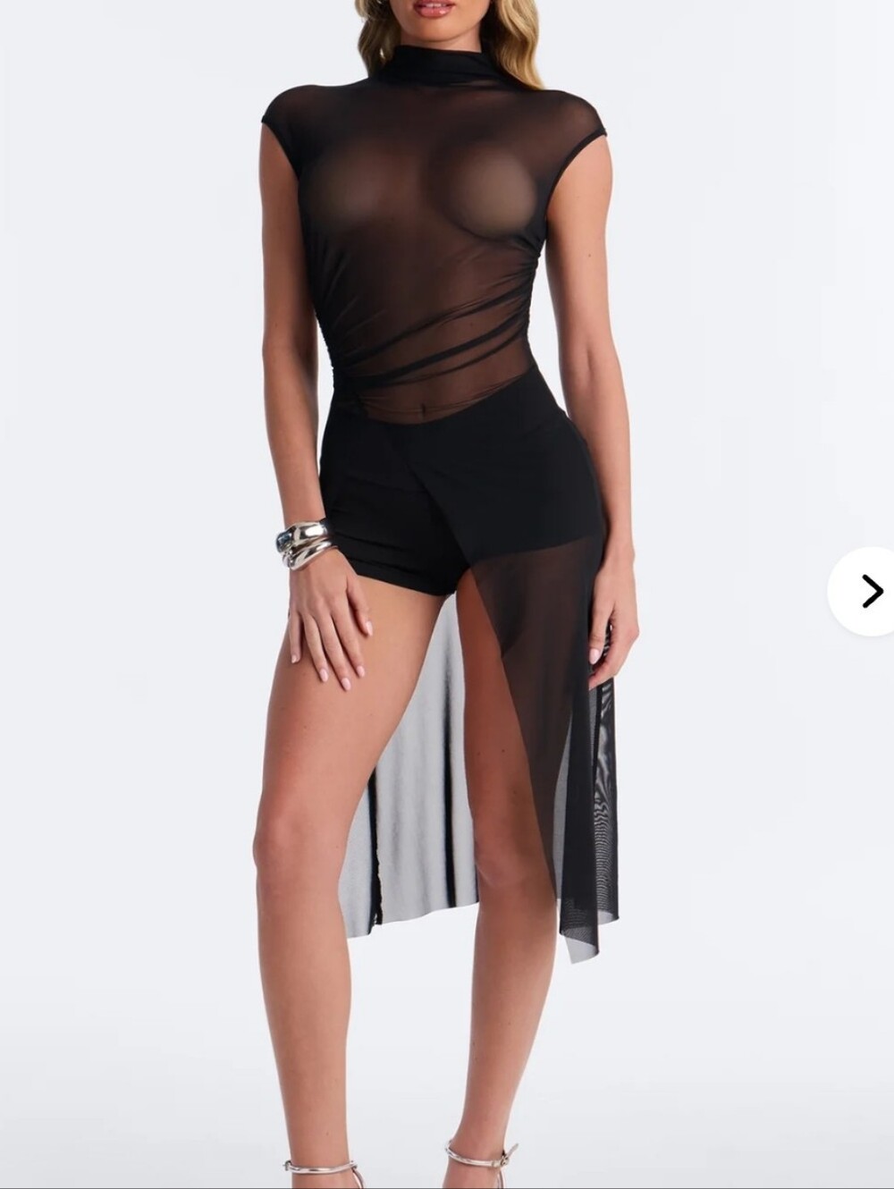 Fashion Nova Black Sheer 2-piece Asymmetric Mesh Short-set